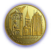 Pamätná zlatá minca v nominálnej hodnote 5 000 Sk vydaná s tematikou Svetové dedičstvo UNESCO - Bardejov, mestská pamiatková rezervácia