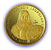 Pamätná zlatá minca v nominálnej hodnote 5 000 Sk vydaná pri príležitosti 350. výročia korunovácie Leopolda I. v Bratislave
