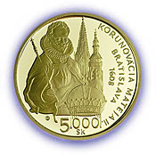 Pamätná zlatá minca v nominálnej hodnote 5 000 Sk vydaná pri príležitosti 400. výročia korunovácie Mateja II. v Bratislave