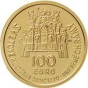 Zlatá zberateľská minca v nominálnej hodnote 100 eur vydaná s tematikou Svetové kultúrne dedičstvo - Drevené chrámy v slovenskej časti karpatského oblúka