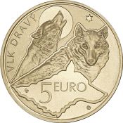 Zberateľská eurominca z obyčajných kovov v nominálnej hodnote 5 eur s tematikou Fauna a flóra na Slovensku – vlk dravý
