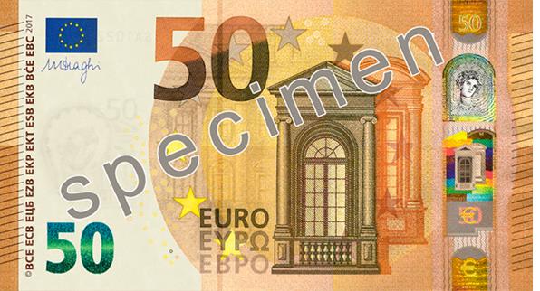 Nová 50 € bankovka - lícna strana
