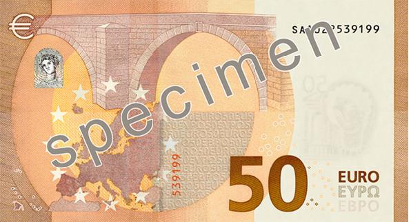 Nová 50 € bankovka - rubová strana