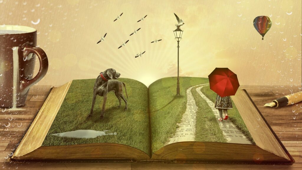 Open book with fairytale 3D characters