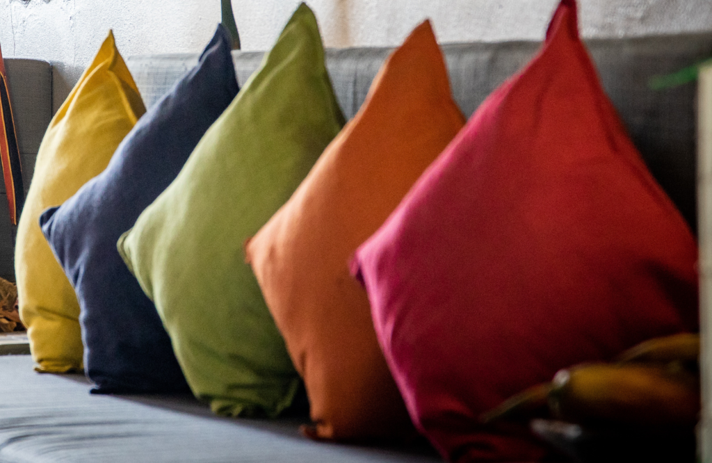 Colourful cushions on a sofa
