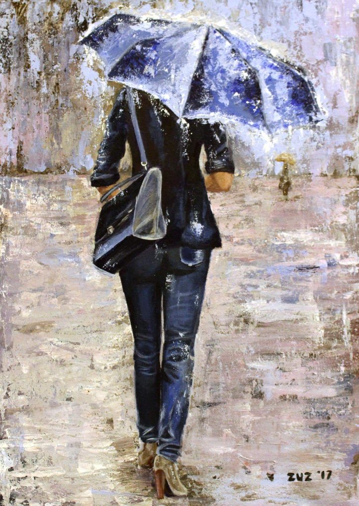 Vystavený obraz Zuzany Lutterovej: žena s dáždnikom