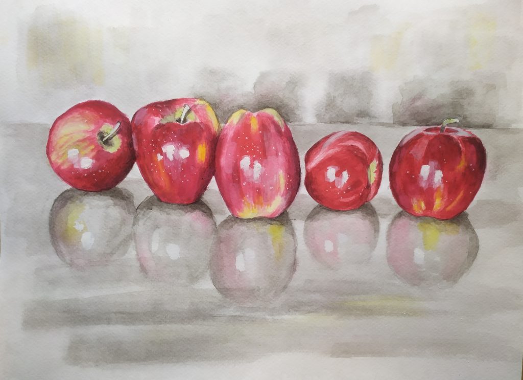 Vystavený obraz Aleny Foťkovej: jablká na stole