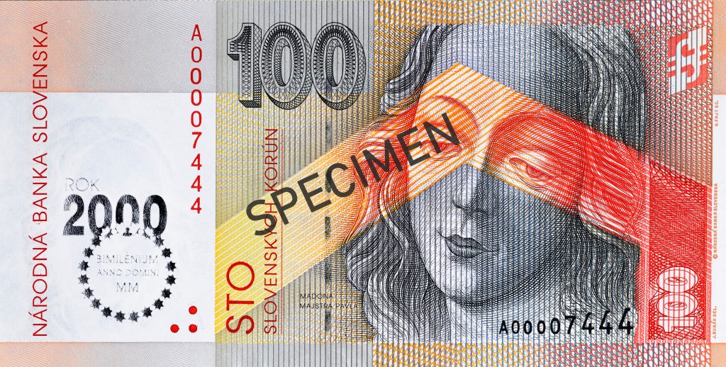 Lícna strana bankovky s metalizovanou striebornou fóliou Bimilénium