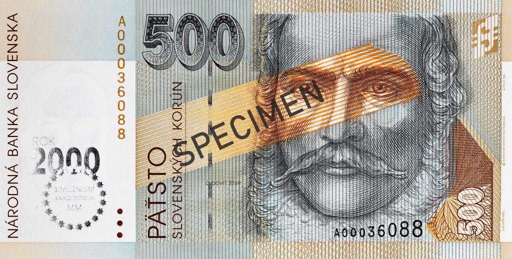 Lícna strana bankovky s metalizovanou striebornou fóliou Bimilénium