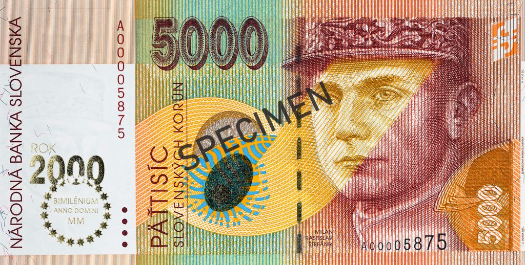 Lícna strana bankovky s metalizovanou zlatou fóliou Bimilénium