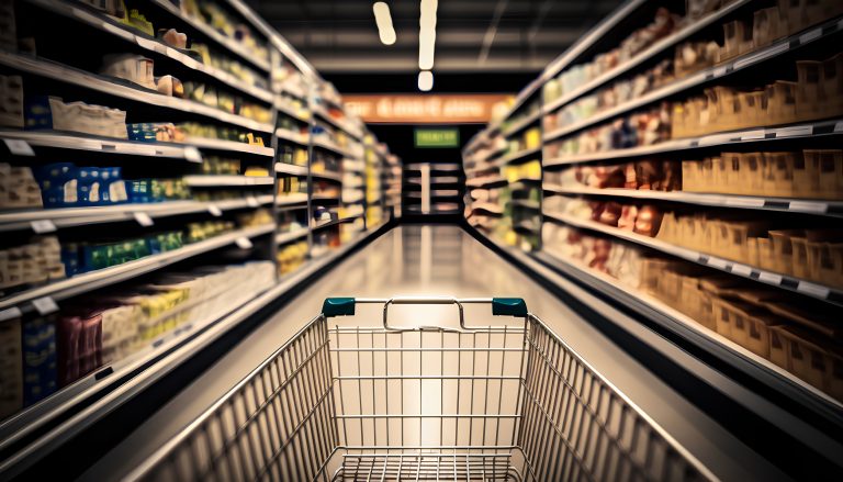 Shopping cart in the supermarket. 3d illustration. Blurred background.