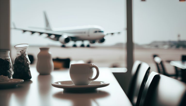 Coffee cup on the table with blurred background of airplane at airport