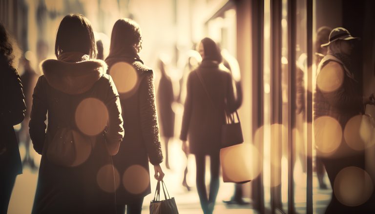 Silhouette of a group of people walking in the shopping center